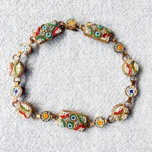 Antique Italian Micro Mosaic Bracelet - Gilt Brass - Estate Costume Jewelry